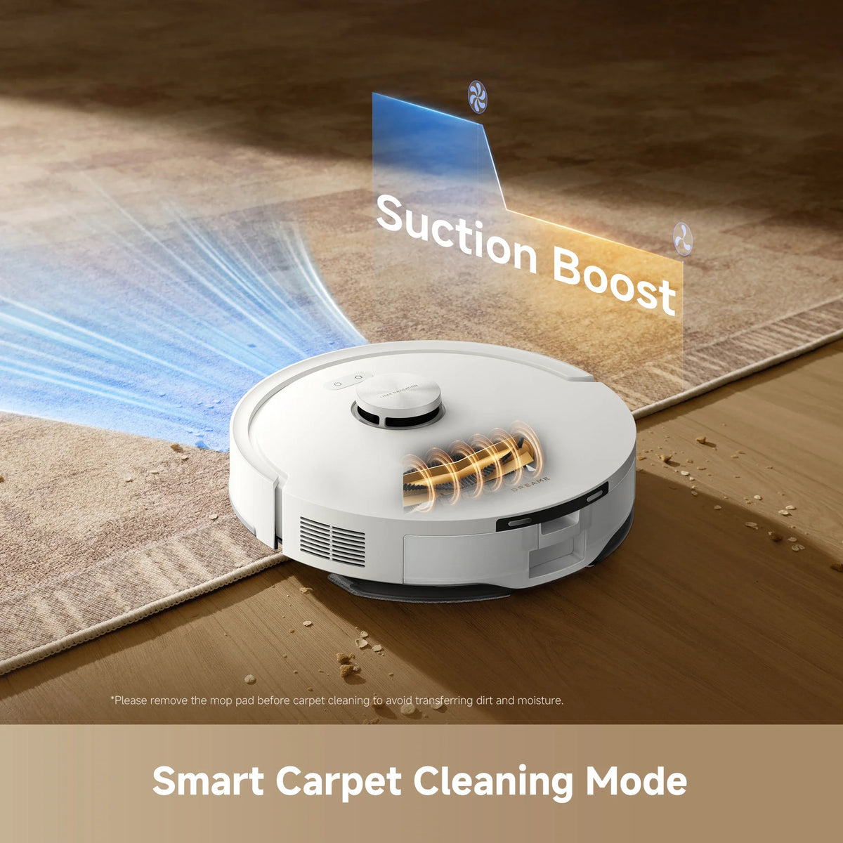 Smart carpet cleaning mode with auto suction boost