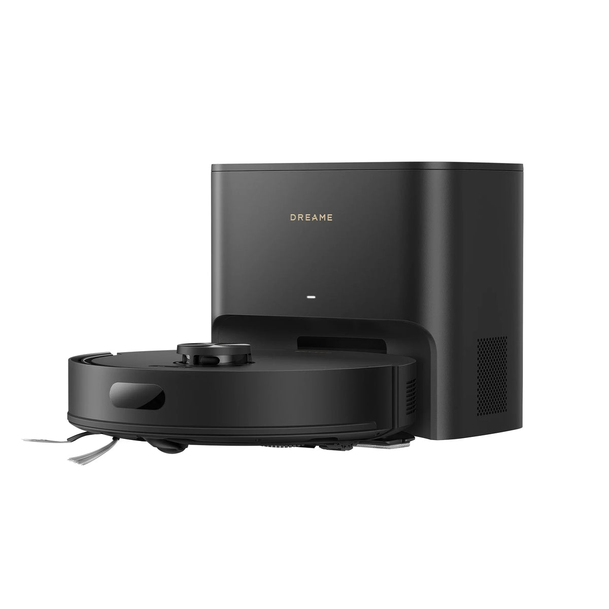 Dreame D20 Air Plus robot vacuum in black with auto-empty base station