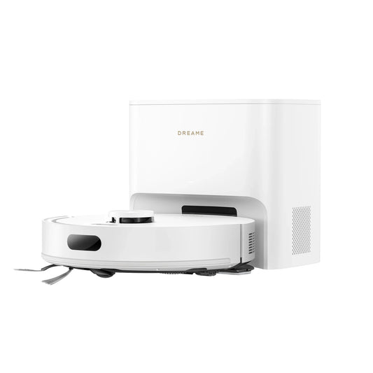Dreame D20 Air Plus robot vacuum in white with auto-empty base station
