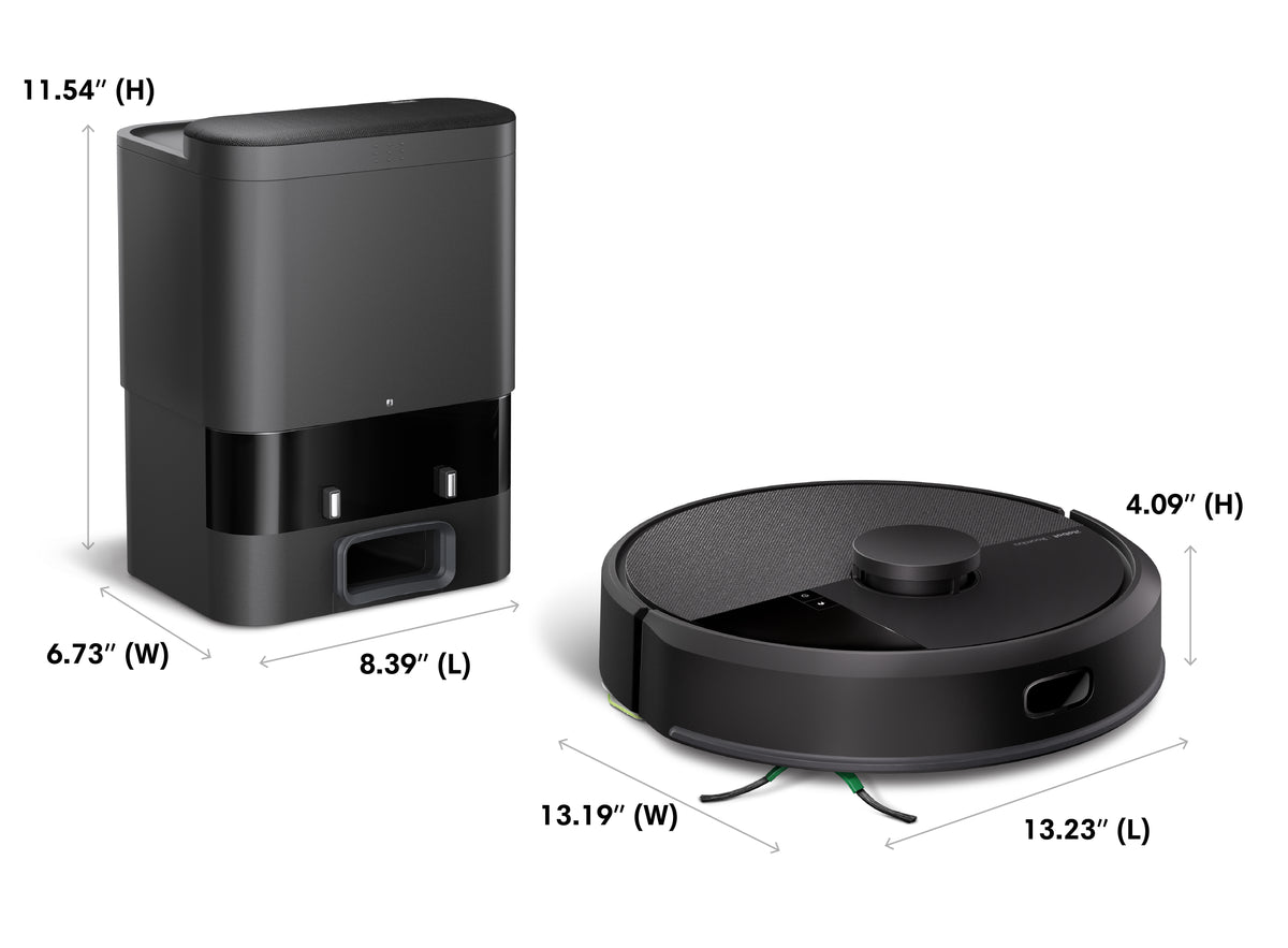 Roomba 105 Combo robot and AutoEmpty dock dimensions diagram in inches
