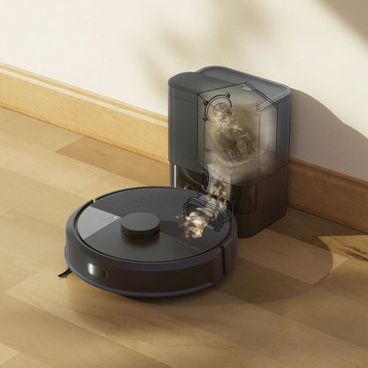 Roomba 105 Combo robot docking into the AutoEmpty dock on hardwood floor